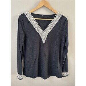 Women's Black Lace Blouse M Long Sleeve Stretch Tan Lace Accent Sheer Dressy Top